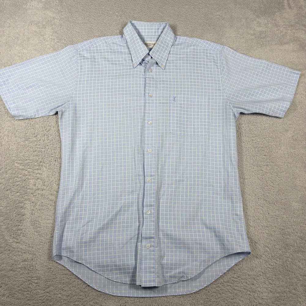 Yves Saint Laurent Pour Bomme Shirt Medium Blue Plaid Button Up Short Sleeve